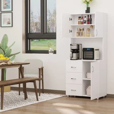 HOMCOM Freestanding Kitchen Pantry, Buffet With Hutch Storage Organizer With 2 Door Cabinets, 3 Drawers And Open Countertop, Adjustable Shelf, White 4 HOMCOM Freestanding Kitchen Pantry, Buffet With Hutch Storage Organizer With 2 Door Cabinets, 3 Drawers And Open Countertop, Adjustable Shelf, White - Image 2