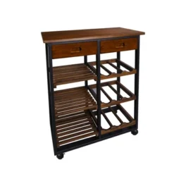 28" Solid Wood Rolling Kitchen Cart With Wine Rack And Drawer Dark Brown - Flora Home