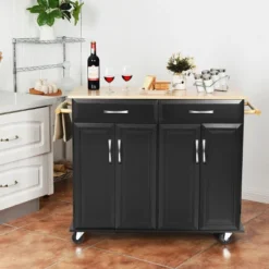 Costway Rolling Kitchen Trolley Island Black Cart Wood Top Storage Cabinet Utility W/ Drawers