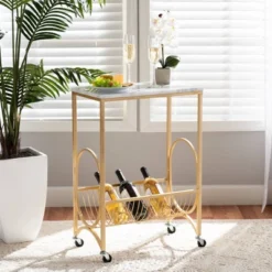 Jacek Metal Wine Cart With Marble Tabletop Gold - Baxton Studio -Baxton Home Shop GUEST 1043db00 9c5b 4936 8fa8 eb3b6b0919cd