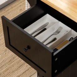 HOMCOM Triple-Cabinet Rolling Kitchen Island On Wheels, Kitchen Cart With Storage Shelf Adjustment, Rolling Utility Cart Wood, Big Drawer, Black -Baxton Home Shop GUEST 11be598d 5184 4bd9 9451 11d4d614dba7