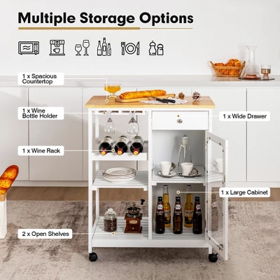 Costway Rolling Kitchen Island Wood Top Trolley Cart Storage Cabinet W/Shelf & Wine Rack 7 Costway Rolling Kitchen Island Wood Top Trolley Cart Storage Cabinet W/Shelf & Wine Rack - Image 5