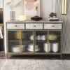 47.6" Modern Freestanding 4 Glass Door Sideboard With 3 Top Drawers, Natural - ModernLuxe