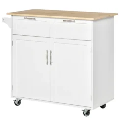 HOMCOM 41" Modern Rolling Kitchen Island On Wheels, Utility Cart Storage Trolley With Rubberwood Top & Drawers, White -Baxton Home Shop GUEST 2d8a382f 6752 4ddf 9be4 97ee174a546e
