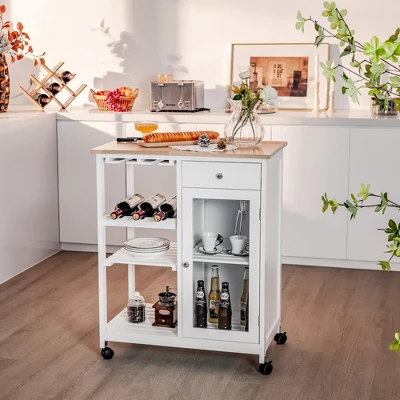 Costway Rolling Kitchen Island Wood Top Trolley Cart Storage Cabinet W/Shelf & Wine Rack 3 Costway Rolling Kitchen Island Wood Top Trolley Cart Storage Cabinet W/Shelf & Wine Rack