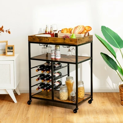 Costway 3-Tier Rolling Kitchen Cart Utility Trolley W/ Wine Bottle Rack 4 Costway 3-Tier Rolling Kitchen Cart Utility Trolley W/ Wine Bottle Rack - Image 2