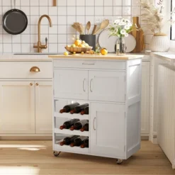 HOMCOM Bar Cart Rolling Kitchen Island On Wheels With 9-Bottle Wine Rack, Small Kitchen Cart Kitchen Storage Cabinets, Wooden Countertop, White -Baxton Home Shop GUEST 31967c5e 1ad5 4ae4 9554 c0f5b1e4a0b7