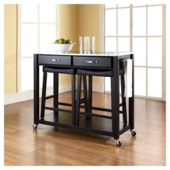 Stainless Steel Top Kitchen Cart/Island - Black With 24" Black Upholstered Saddle Stools - Crosley -Baxton Home Shop GUEST 349ec9ef c9cc 4e3e 82ce cc98247cfa7a