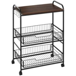 HOMCOM 24" 3-Tier Rolling Kitchen Cart, Utility Storage Trolley With 2 Basket Drawers, Side Hooks For Dining Room -Baxton Home Shop GUEST 37f3d0b9 2cf0 4732 836f 538175db9e45