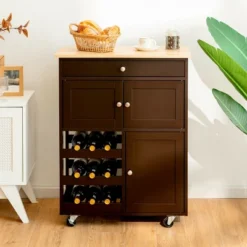 Costway Rolling Kitchen Island Serving Cart Storage Cabinet W/ Wine Rack -Baxton Home Shop GUEST 39ab8095 8e2c 4b45 8695 ffc038954943