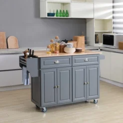 HOMCOM Rolling Kitchen Island On Wheels Utility Cart With Drop-Leaf And Rubber Wood Countertop, Storage Drawers, Door Cabinets, Dark Gray -Baxton Home Shop GUEST 418d32ca f065 43f1 bef3 e9ac003e3129