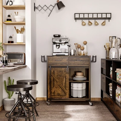 HOMCOM Rustic Farmhouse Kitchen Cart, Rolling Storage Island With Adjustable Shelf, Two Drawers, Sliding Barn Door Cabinet And Towel Rack 4 HOMCOM Rustic Farmhouse Kitchen Cart, Rolling Storage Island With Adjustable Shelf, Two Drawers, Sliding Barn Door Cabinet And Towel Rack - Image 2