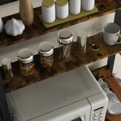 HOMCOM Kitchen Bakers Rack, Microwave Stand, Coffee Bar With Adjustable Shelves, 4 Hooks For Spices, Pots And Pans, Rustic Brown -Baxton Home Shop GUEST 44be7c40 2da8 4784 bb0c 5f6014b9af81