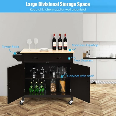 Costway Modern Rolling Kitchen Island Cart Wood Top Storage Trolley With Storage Drawers 9 Costway Modern Rolling Kitchen Island Cart Wood Top Storage Trolley With Storage Drawers - Image 7