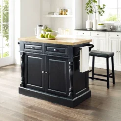 Oxford Kitchen Island With 2 Upholstered Saddle Stools Black - Crosley