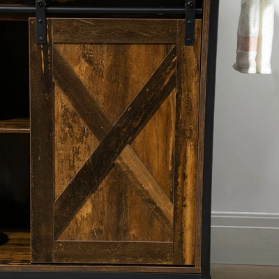 HOMCOM Rustic Farmhouse Kitchen Cart, Rolling Storage Island With Adjustable Shelf, Two Drawers, Sliding Barn Door Cabinet And Towel Rack 7 HOMCOM Rustic Farmhouse Kitchen Cart, Rolling Storage Island With Adjustable Shelf, Two Drawers, Sliding Barn Door Cabinet And Towel Rack - Image 5