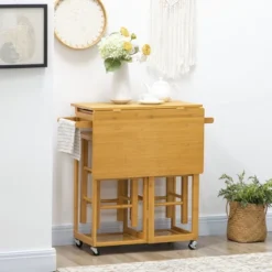 HOMCOM 3-Piece Drop-Leaf Breakfast Cart Table/Chair Set & Kitchen Island With Seating, Rolling Kitchen Cart On Wheels With 2 Storage Drawers, Brown