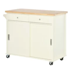 HOMCOM 43" Rolling Kitchen Island, Kitchen Storage Cart On Wheels With Sliding Doors, Cabinet, 2 Drawers, And Towel Rack, Cream White -Baxton Home Shop GUEST 4da95f69 3664 46e0 a61d bda892bf0b67