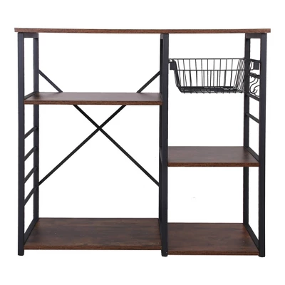 Wood And Metal Bakers Rack With 4 Shelves And Wire Basket Brown/Black - Benzara 3 Wood And Metal Bakers Rack With 4 Shelves And Wire Basket Brown/Black - Benzara