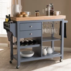 Sunderland Coastal And Farmhouse Natural Wood Kitchen Cart Gray, Light Brown - Baxton Studio -Baxton Home Shop GUEST 555c411d 61f3 48c4 8313 4467943b50b4