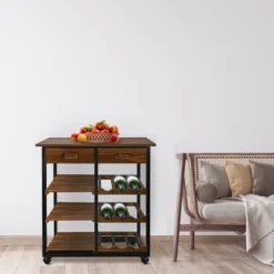 28" Solid Wood Rolling Kitchen Cart With Wine Rack And Drawer Dark Brown - Flora Home -Baxton Home Shop GUEST 5563906f 60ea 40f4 819f 025420feb58d