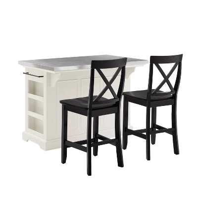 Julia Stainless Steel Top Island With 2 Black X-Back Stools White - Crosley 5 Julia Stainless Steel Top Island With 2 Black X-Back Stools White - Crosley - Image 3
