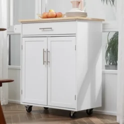 HOMCOM Kitchen Island Cart Rolling Trolley Cart With Drawer, Storage Cabinet & Towel Rack