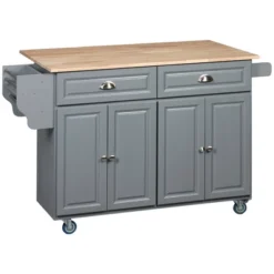 HOMCOM Rolling Kitchen Island On Wheels Utility Cart With Drop-Leaf And Rubber Wood Countertop, Storage Drawers, Door Cabinets, Dark Gray -Baxton Home Shop GUEST 6252b556 ba39 4c8d b6f3 4daee7a3c2ec