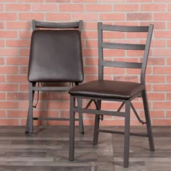 Flash Furniture 2 Pack HERCULES Series Brown Folding Ladder Back Metal Chair With Brown Vinyl Seat