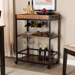Cerne Oak And Finished Mobile Metal Bar Cart With Wine Bottle Rack Brown - Baxton Studio -Baxton Home Shop GUEST 66be3651 75e3 461f a20d dda05114160b