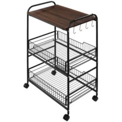 HOMCOM 24" 3-Tier Rolling Kitchen Cart, Utility Storage Trolley With 2 Basket Drawers, Side Hooks For Dining Room -Baxton Home Shop GUEST 677b0380 7711 4eff 9bac 816b10d6e8a8