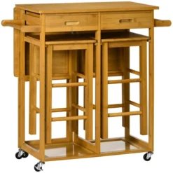 HOMCOM 3-Piece Drop-Leaf Breakfast Cart Table/Chair Set & Kitchen Island With Seating, Rolling Kitchen Cart On Wheels With 2 Storage Drawers, Brown -Baxton Home Shop GUEST 6ac3f51e 55a4 40af add8 3f48208a4670