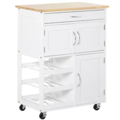 HOMCOM Bar Cart Rolling Kitchen Island On Wheels With 9-Bottle Wine Rack, Small Kitchen Cart Kitchen Storage Cabinets, Wooden Countertop, White -Baxton Home Shop GUEST 6b24be5b 20b8 48cd bc72 6c6927cb7832