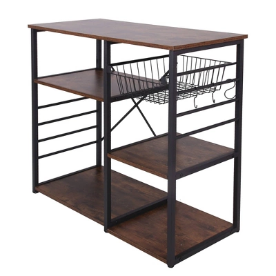Wood And Metal Bakers Rack With 4 Shelves And Wire Basket Brown/Black - Benzara 4 Wood And Metal Bakers Rack With 4 Shelves And Wire Basket Brown/Black - Benzara - Image 2