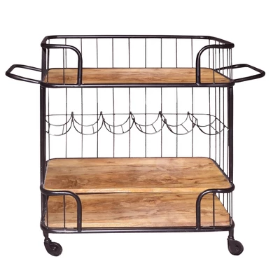 2 Shelves And Metal Frame Bar Cart With Wooden Top Black/Brown - The Urban Port 3 2 Shelves And Metal Frame Bar Cart With Wooden Top Black/Brown - The Urban Port