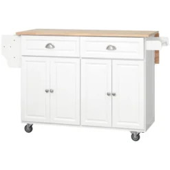 HOMCOM Rolling Kitchen Island On Wheels Utility Cart With Drop-Leaf And Rubber Wood Countertop, Storage Drawers, Door Cabinets, White -Baxton Home Shop GUEST 7e6b59ea 8d3e 47af a9ee 177154526608