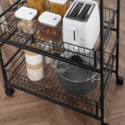 HOMCOM 24" 3-Tier Rolling Kitchen Cart, Utility Storage Trolley With 2 Basket Drawers, Side Hooks For Dining Room -Baxton Home Shop GUEST 83076d70 f706 4e3b a91e 0647292ee96a