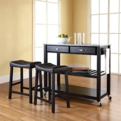 Gray Granite Top Kitchen Prep Cart With 2 Upholstered Saddle Stools - Crosley