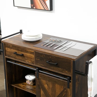 HOMCOM Rustic Farmhouse Kitchen Cart, Rolling Storage Island With Adjustable Shelf, Two Drawers, Sliding Barn Door Cabinet And Towel Rack 6 HOMCOM Rustic Farmhouse Kitchen Cart, Rolling Storage Island With Adjustable Shelf, Two Drawers, Sliding Barn Door Cabinet And Towel Rack - Image 4