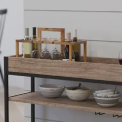 Merrick Lane Rolling Kitchen Serving And Bar Cart With Shelves And Wine Glass Holders In Distressed Light Oak Wood And Black Iron -Baxton Home Shop GUEST 874f5de7 0395 407d b056 acb8256f74ca