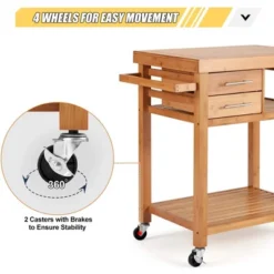 EROMMY Multipurpose Rolling Bamboo Wood Kitchen Island Trolley Cart With 2 Drawers, Open Storage Shelves, Towel Rack, And Locking Wheels, Natural -Baxton Home Shop GUEST 89567591 b4cb 4d43 a5b5 3bb8da3724d4