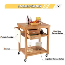 EROMMY Multipurpose Rolling Bamboo Wood Kitchen Island Trolley Cart With 2 Drawers, Open Storage Shelves, Towel Rack, And Locking Wheels, Natural -Baxton Home Shop GUEST 8f319612 59ff 4ef4 8290 8738ee734753