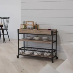 Merrick Lane Rolling Kitchen Serving And Bar Cart With Shelves And Wine Glass Holders In Distressed Light Oak Wood And Black Iron -Baxton Home Shop GUEST 91125ef7 6b0b 4bd0 83bb 09906307ef46