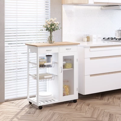 HOMCOM 28" Rolling Kitchen Trolley Serving Cart Storage Cabinet Bamboo Top With Wire Basket & Door Cabinet & Drawers, White 3 HOMCOM 28" Rolling Kitchen Trolley Serving Cart Storage Cabinet Bamboo Top With Wire Basket & Door Cabinet & Drawers, White