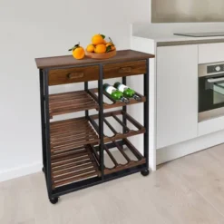 28" Solid Wood Rolling Kitchen Cart With Wine Rack And Drawer Dark Brown - Flora Home -Baxton Home Shop GUEST 9710c1cd 1d67 43f0 a716 03f727bbe42e