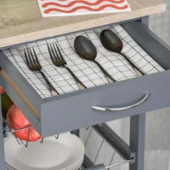 HOMCOM 32.25" Wooden Rolling Kitchen Storage Cart, Kitchen Island With Storage Drawer And Baskets On 360° Swivel Wheels -Baxton Home Shop GUEST 98996e3a eb46 4f22 8f57 7aa9eceaaa36