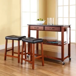 Granite Top Kitchen Prep Cart With 2 Upholstered Saddle Stools Cherry - Crosley