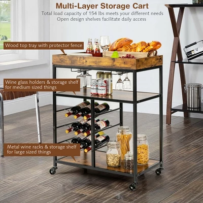 Costway 3-Tier Rolling Kitchen Cart Utility Trolley W/ Wine Bottle Rack 7 Costway 3-Tier Rolling Kitchen Cart Utility Trolley W/ Wine Bottle Rack - Image 5