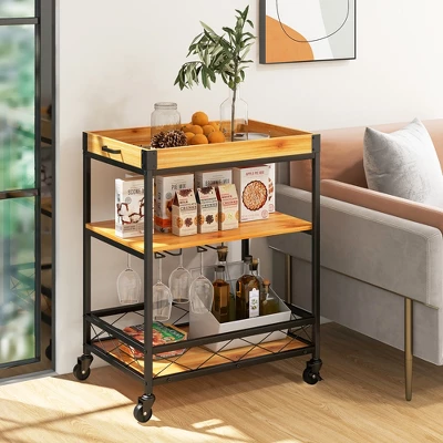 Costway 3-Tier Kitchen Cart Island Rolling Rack Serving Trolley Detachable Top & Glass Holder 6 Costway 3-Tier Kitchen Cart Island Rolling Rack Serving Trolley Detachable Top & Glass Holder - Image 4