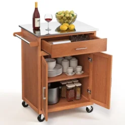 Costway Wood Kitchen Trolley Cart Stainless Steel Top Rolling Storage Cabinet Island -Baxton Home Shop GUEST a12da114 dbce 4841 9ac8 a40d8bfb881f